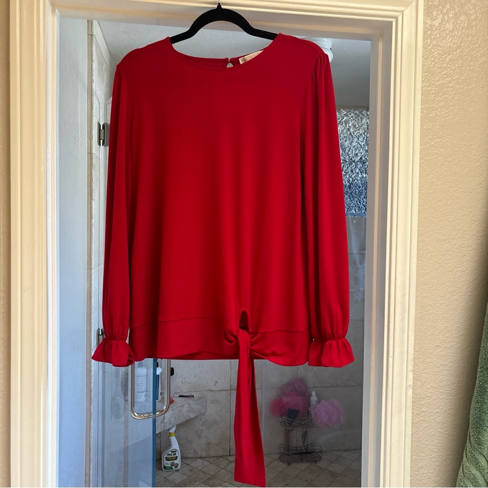 Michael Kors Red Tie Front Ruffled Blouse